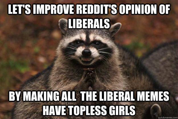 Let's improve Reddit's opinion of liberals by making all  the liberal memes have topless girls - Let's improve Reddit's opinion of liberals by making all  the liberal memes have topless girls  Evil Plotting Raccoon