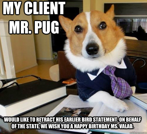 My client mr. pug would like to retract his earlier bird statement. On behalf of the state, we wish you a happy birthday Ms. Valad.  Lawyer Dog