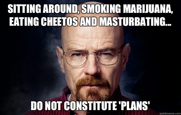 Sitting around, smoking marijuana, eating Cheetos and masturbating... Do not constitute 'plans'  Heisenberg