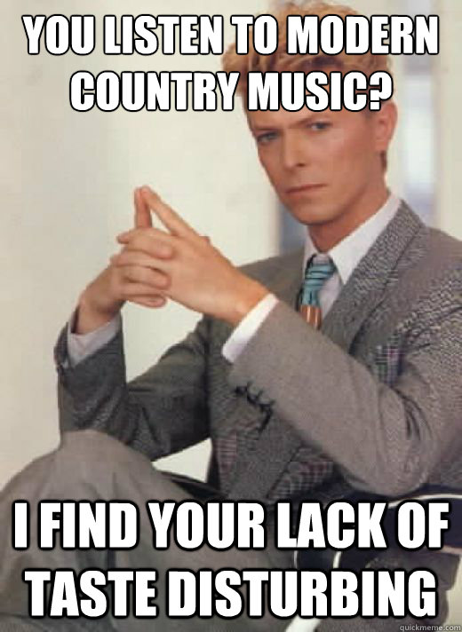 You listen to modern country music? I find your lack of taste disturbing  David Bowie