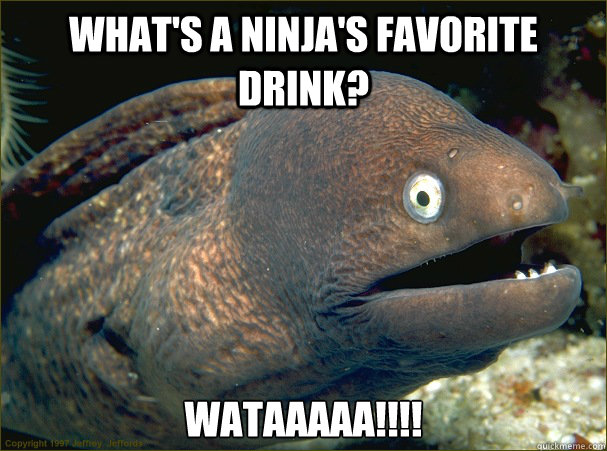 What's a ninja's favorite drink? WATAAAAA!!!!  Bad Joke Eel