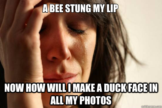 A bee stung my lip Now how will I make a duck face in all my photos   First World Problems