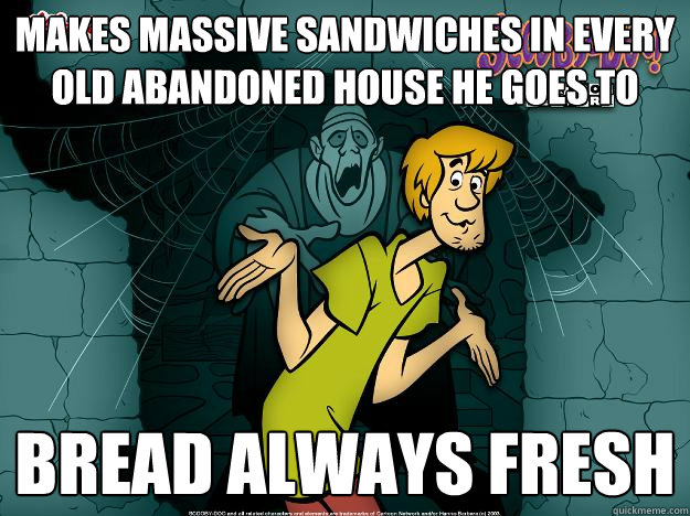 Makes massive sandwiches in every old abandoned house he goes to Bread always fresh  Irrational Shaggy