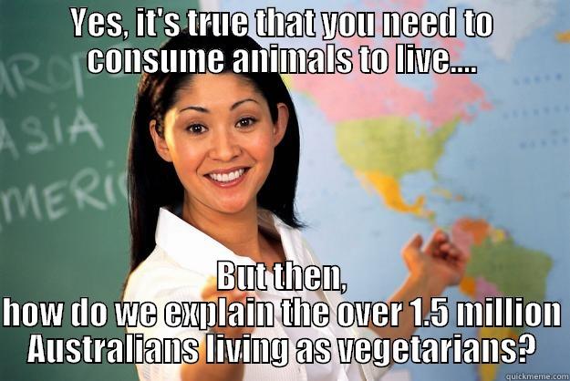 Know your veg stats - YES, IT'S TRUE THAT YOU NEED TO CONSUME ANIMALS TO LIVE.... BUT THEN, HOW DO WE EXPLAIN THE OVER 1.5 MILLION AUSTRALIANS LIVING AS VEGETARIANS? Unhelpful High School Teacher