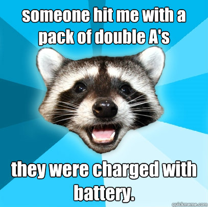 someone hit me with a pack of double A's they were charged with battery. - someone hit me with a pack of double A's they were charged with battery.  Lame Pun Coon