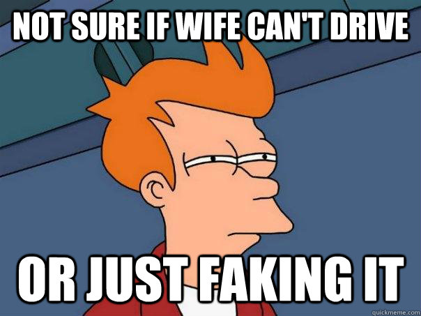 Not sure if wife can't drive  Or just faking it  Futurama Fry