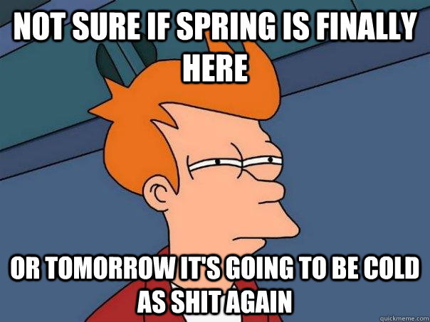 not sure if spring is finally here or tomorrow it's going to be cold as shit again - not sure if spring is finally here or tomorrow it's going to be cold as shit again  Futurama Fry