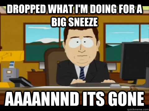 dropped what i'm doing for a big sneeze Aaaannnd its gone  Aaand its gone