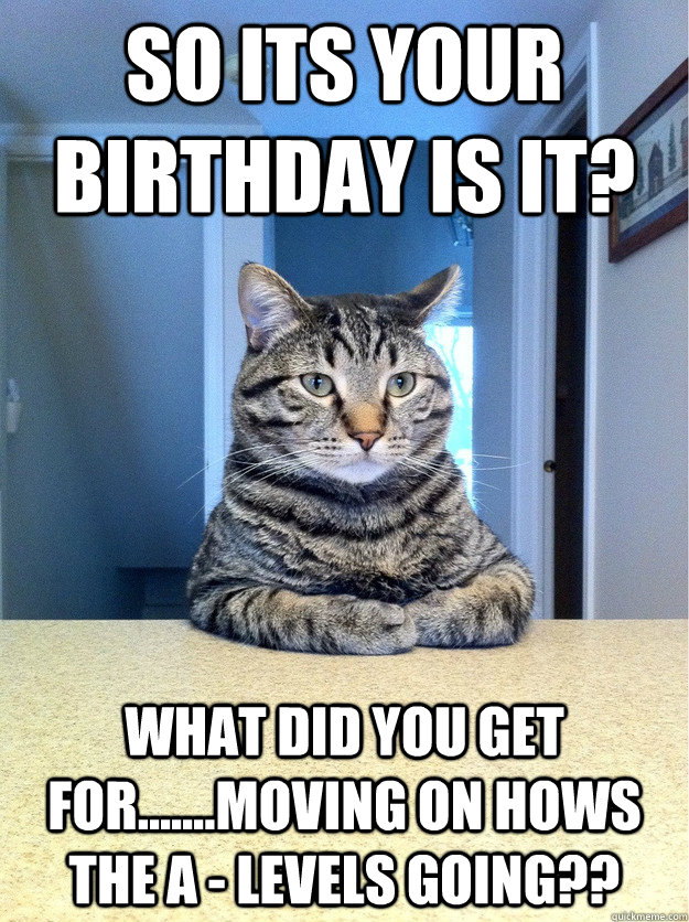 So its your birthday is it? What did you get for.......MOVING ON HOWS THE A - LEVELS GOING??   Chris Hansen Cat