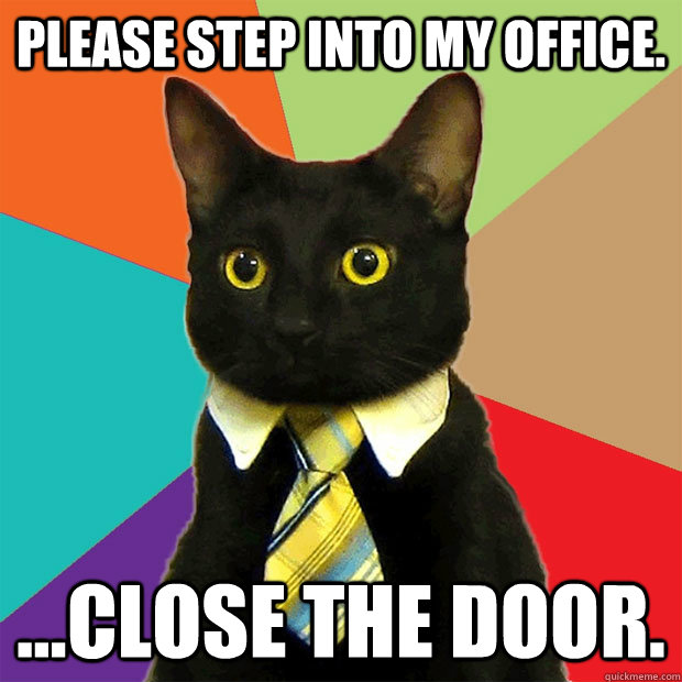 Please step into my office. ...Close the door. - Please step into my office. ...Close the door.  Business Cat