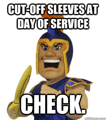 Cut-off sleeves at day of service check.  SJSU Sammy the Spartan