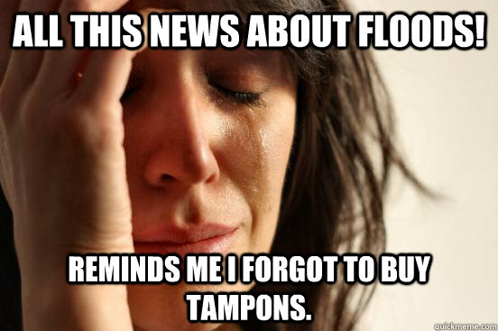 ALL THIS NEWS ABOUT FLOODS! REMINDS ME I FORGOT TO BUY TAMPONS.  First World Problems