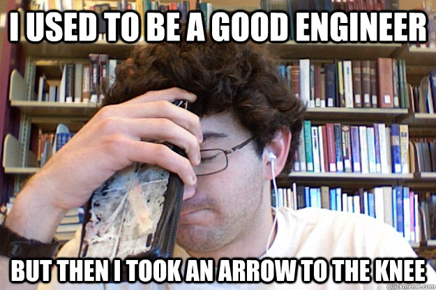 I used to be a good engineer but then i took an arrow to the knee - I used to be a good engineer but then i took an arrow to the knee  Dumbass Bioengineer