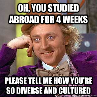 Oh, you studied abroad for 4 weeks Please tell me how you're so diverse and cultured  Condescending Wonka