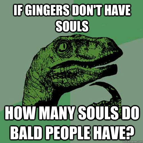 If gingers don't have souls how many souls do bald people have? - If gingers don't have souls how many souls do bald people have?  Philosoraptor