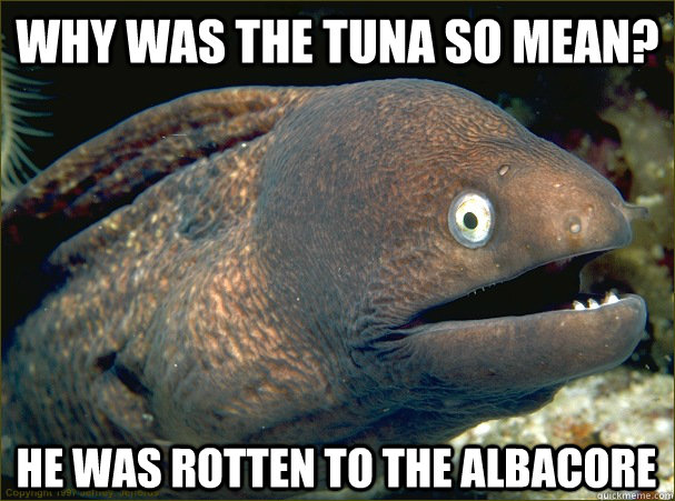 Why was the Tuna so mean? he was rotten to the albacore  Bad Joke Eel