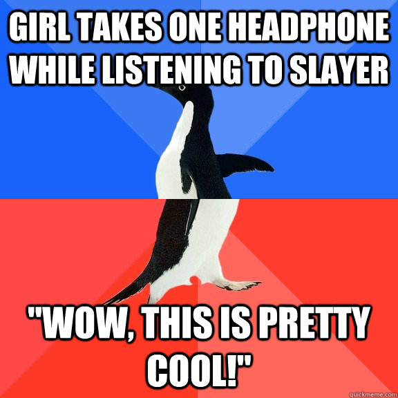 Girl takes one headphone while listening to slayer 