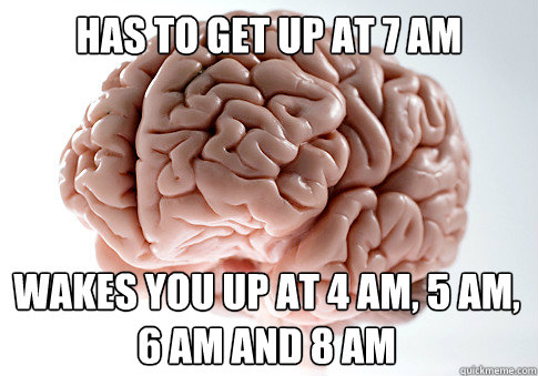 Has to get up at 7 AM Wakes you up at 4 AM, 5 AM, 6 AM and 8 AM  Scumbag Brain