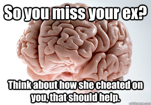 So you miss your ex? Think about how she cheated on you, that should help.    Scumbag Brain