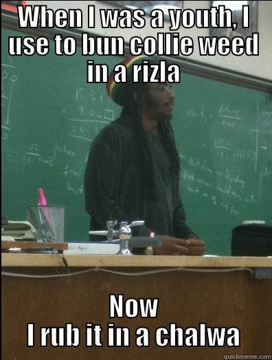 WHEN I WAS A YOUTH, I USE TO BUN COLLIE WEED IN A RIZLA NOW I RUB IT IN A CHALWA Rasta Science Teacher