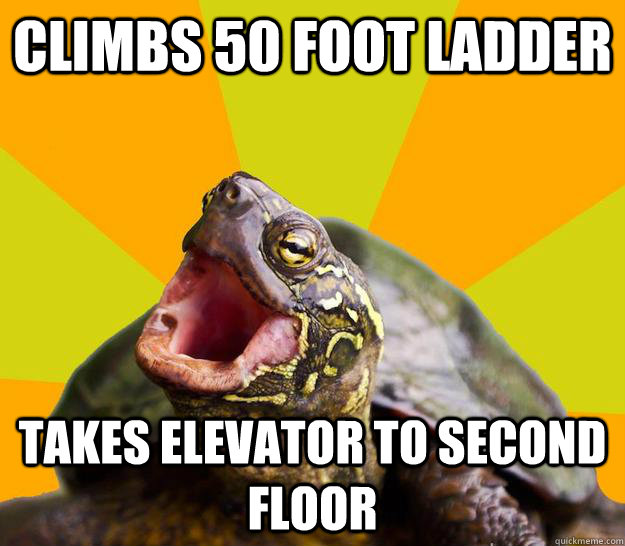 Climbs 50 foot ladder Takes elevator to second floor  