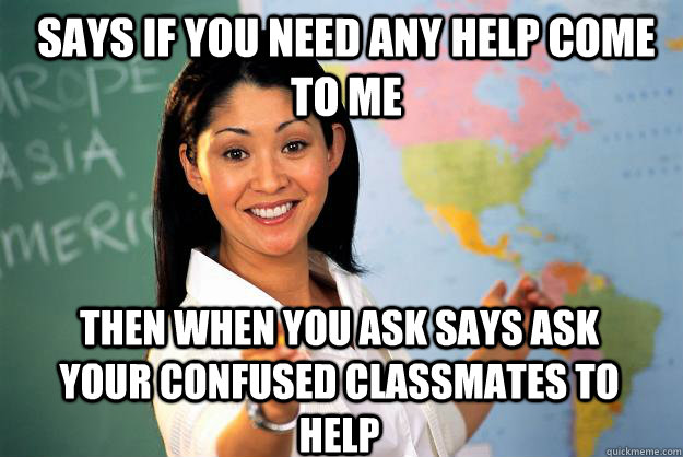 Says if you need any help come to me then when you ask says ask your confused classmates to help  Unhelpful High School Teacher