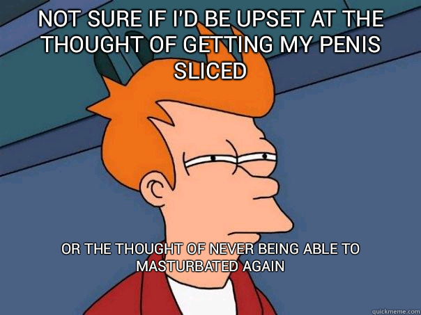 not sure if I'd be upset at the thought of getting my penis sliced Or the thought of never being able to masturbated again

  Futurama Fry