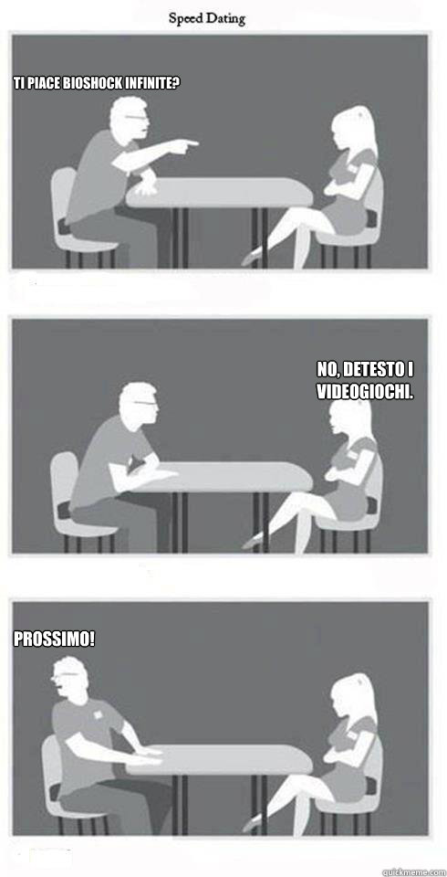 Ti piace Bioshock Infinite? No, detesto i videogiochi. Prossimo!  Speed Dating