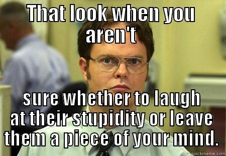 That look... - THAT LOOK WHEN YOU AREN'T SURE WHETHER TO LAUGH AT THEIR STUPIDITY OR LEAVE THEM A PIECE OF YOUR MIND. Schrute