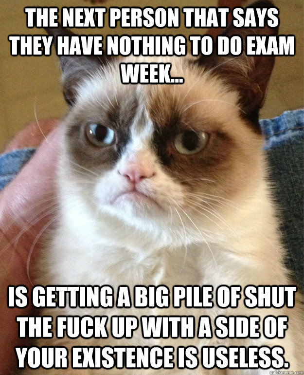 the next person that says they have nothing to do exam week... is getting a big pile of shut the fuck up with a side of your existence is useless.  Grumpy Cat