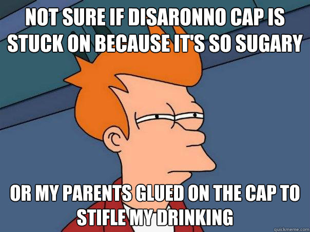 Not sure if Disaronno cap is stuck on because it's so sugary or my parents glued on the cap to stifle my drinking - Not sure if Disaronno cap is stuck on because it's so sugary or my parents glued on the cap to stifle my drinking  Futurama Fry