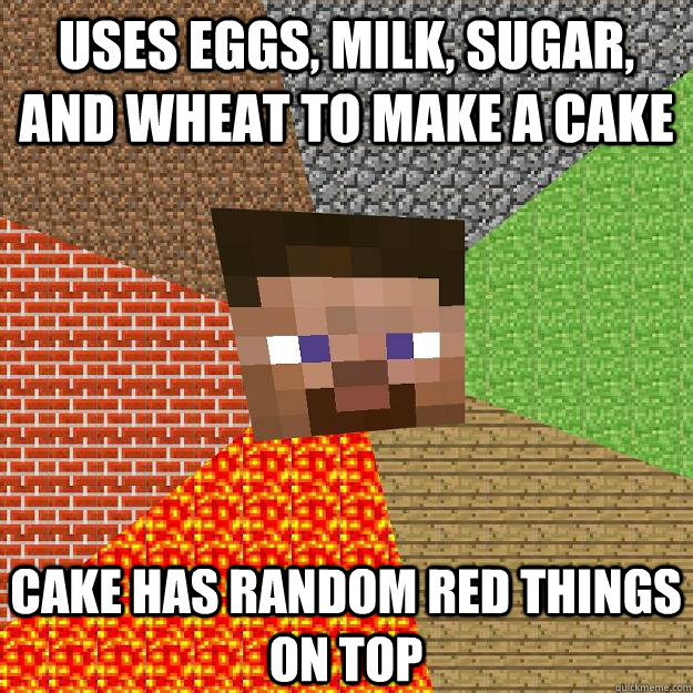 Uses eggs, milk, sugar, and wheat to make a cake cake has random red things on top  Minecraft