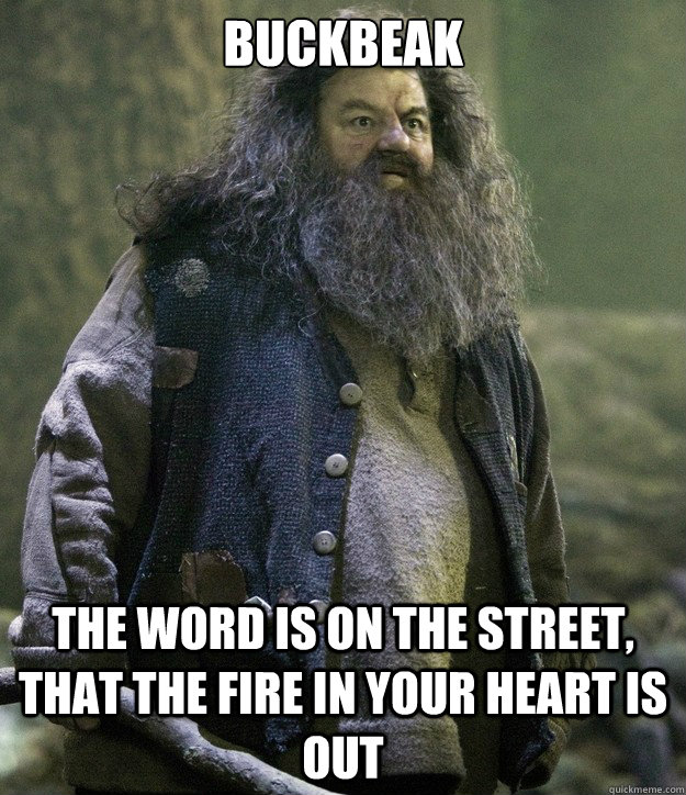 buckbeak The word is on the street, that the fire in your heart is out  Harbouring Feelings Hagrid