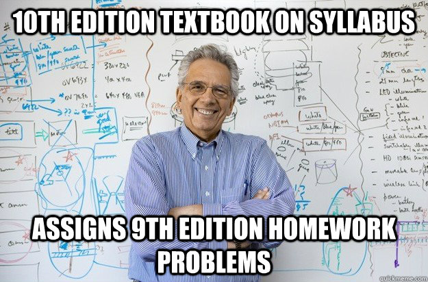 10th edition textbook on syllabus Assigns 9th edition homework problems  Engineering Professor