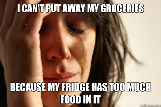 i can't put away my groceries  because my fridge has too much food in it - i can't put away my groceries  because my fridge has too much food in it  First World Problems