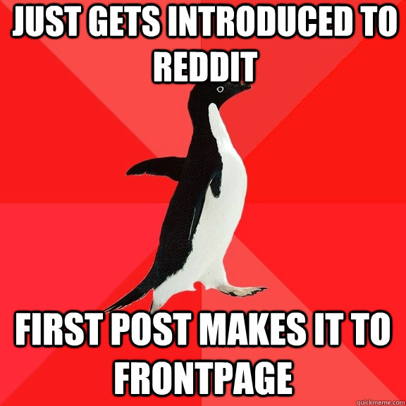 just gets introduced to reddit first post makes it to frontpage  Socially Awesome Penguin