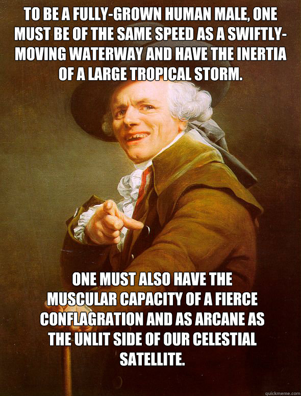 To be a fully-grown human male, one must be of the same speed as a swiftly-moving waterway﻿ and have the inertia of a large tropical storm. One must also have the muscular capacity of a fierce conflagration and as arcane as the unlit side of our ce  Joseph Ducreux