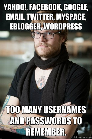 Yahoo!, Facebook, Google, Email, Twitter, MySpace, eBlogger, Wordpress Too many usernames and passwords to remember. - Yahoo!, Facebook, Google, Email, Twitter, MySpace, eBlogger, Wordpress Too many usernames and passwords to remember.  Hipster Barista