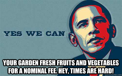  your garden fresh fruits and vegetables for a nominal fee. hey, times are hard!  Scumbag Obama