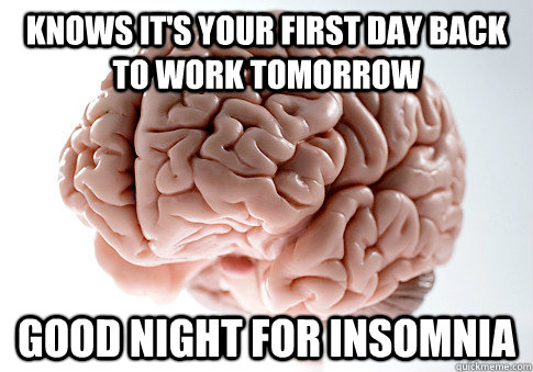 KNOWS IT'S YOUR FIRST DAY BACK TO WORK TOMORROW GOOD NIGHT FOR INSOMNIA  - KNOWS IT'S YOUR FIRST DAY BACK TO WORK TOMORROW GOOD NIGHT FOR INSOMNIA   Scumbag Brain