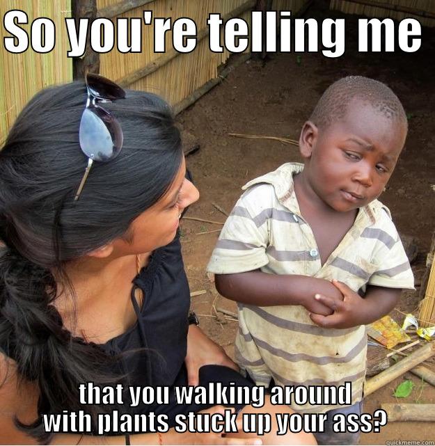 SO YOU'RE TELLING ME  THAT YOU WALKING AROUND WITH PLANTS STUCK UP YOUR ASS? Skeptical Third World Kid