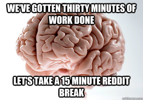 we've gotten thirty minutes of work done let's take a 15 minute reddit break  Scumbag Brain