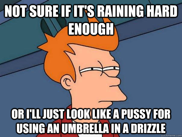 Not sure if it's raining hard enough Or I'll just look like a pussy for using an umbrella in a drizzle  Futurama Fry