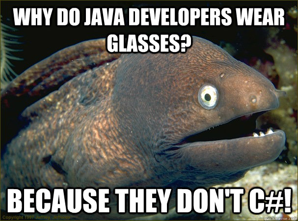 Why do java developers wear glasses? Because they don't C#!  Bad Joke Eel