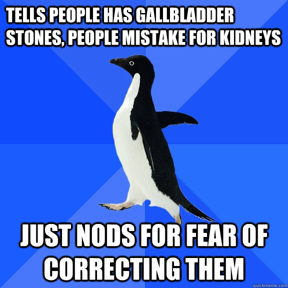 Tells people has gallbladder stones, people mistake for kidneys just nods for fear of correcting them - Tells people has gallbladder stones, people mistake for kidneys just nods for fear of correcting them  Socially Awkward Penguin