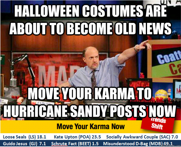 Halloween Costumes are about to become old news Move your karma to hurricane sandy posts now  Jim Kramer with updated ticker