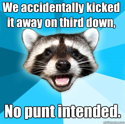 We accidentally kicked it away on third down, No punt intended.  Lame Pun Coon