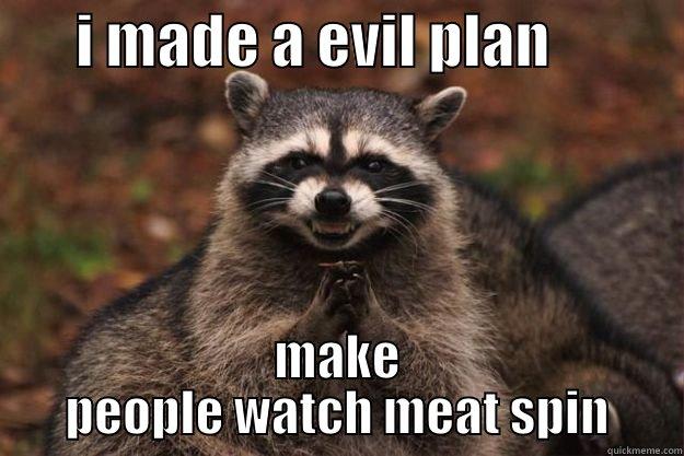       I MADE A EVIL PLAN            MAKE PEOPLE WATCH MEAT SPIN Evil Plotting Raccoon