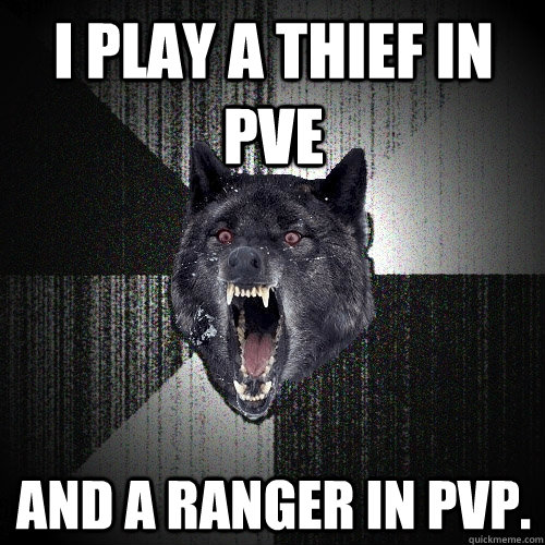 I play a THief in Pve And a ranger in pvp.  Insanity Wolf