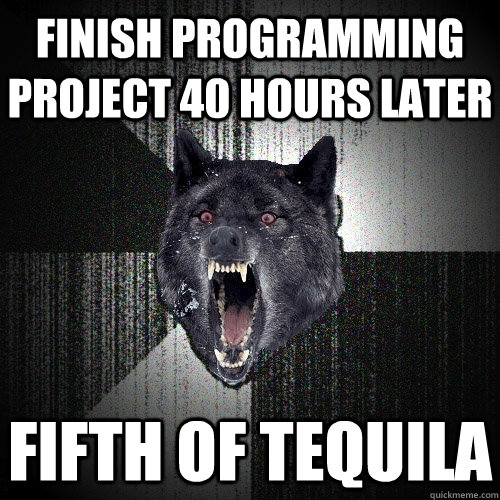 finish programming project 40 hours later fifth of tequila  Insanity Wolf